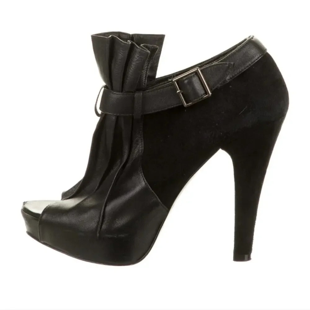 Jenni Kayne Black Suede & Leather Pleated Ankle Peep Toe Boots size 38